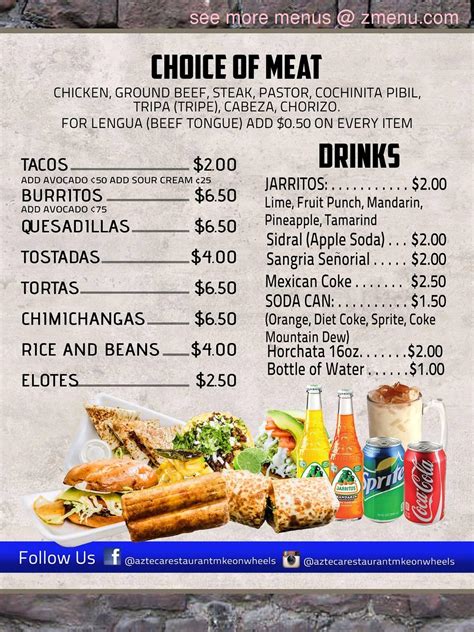 Your filling choices include chicken, ground beef, cheese or picadillo. Online Menu of Azteca Taco Truck Restaurant, Milwaukee ...