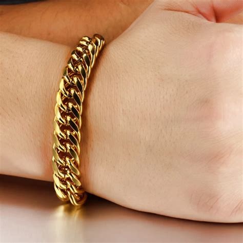 Double Cuban Chain Bracelet Yellow Gold Filled Mens Bracelet Jewelry