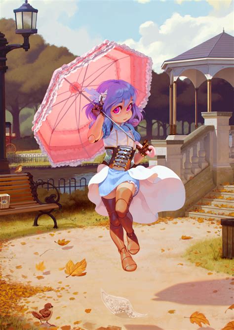 Safebooru 1girl Alkemanubis Android Arm Up Autumn Leaves Bench Blue