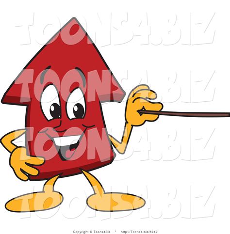 Vector Illustration Of A Cartoon Red Up Arrow Mascot Holding A Pointer