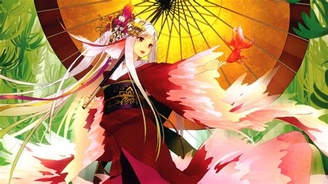 White Long Haired Girl In Kimono With Umbrella Playing