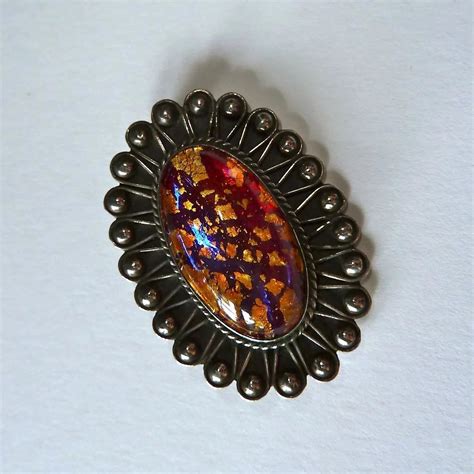Native American Sterling Pin Foil Glass Cab Bejewelled