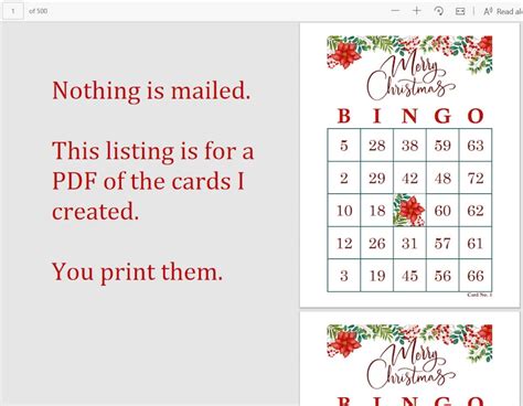 Christmas Bingo Cards 500 Cards 1 Per Page Instant Pdf Etsy
