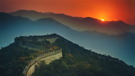 Great Wall Of China 4k Wallpaper Sunset Orange Sky