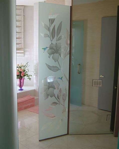 Custom shower doors are a great way to upgrade the look without the dramatic price. Hibiscus & Hummingbirds Glass Shower Partition - Tropical ...