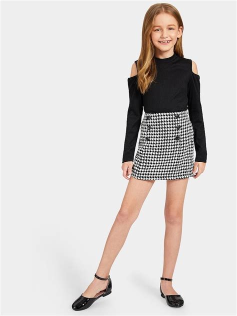 Girls Cold Shoulder Rib Knit Tee And Houndstooth Skirt Set In 2020