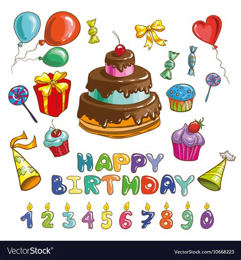Happy Birthday Symbols Candles And Cakes Set Vector Image