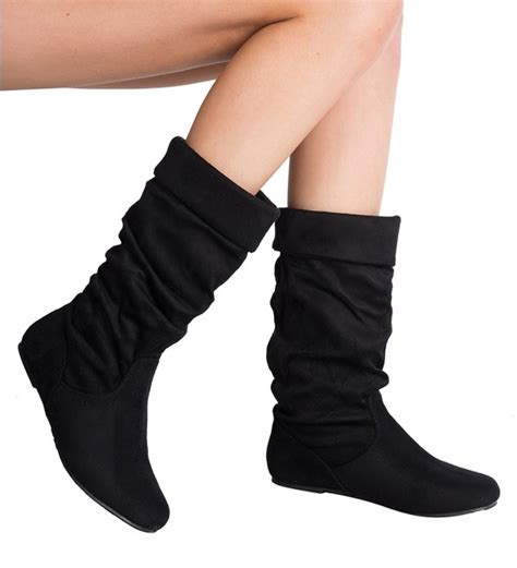 Womens Low Heel Mid Calf Slouchy Fold Over Suede Slip On Casual Boots