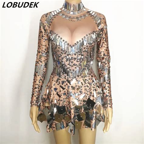 Silver Sequins Sparkling Mirrors Dress Sexy Nightclub Bar Dj Ds Costumes Female Singer Leading