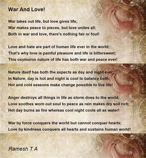 War And Love War And Love Poem By Ramesh T A
