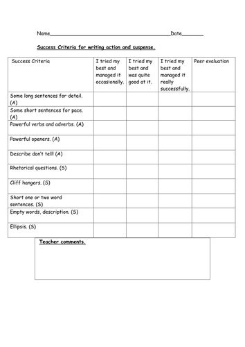 Success Criteria Self And Peer Evaluation Sheet For Action And Suspense