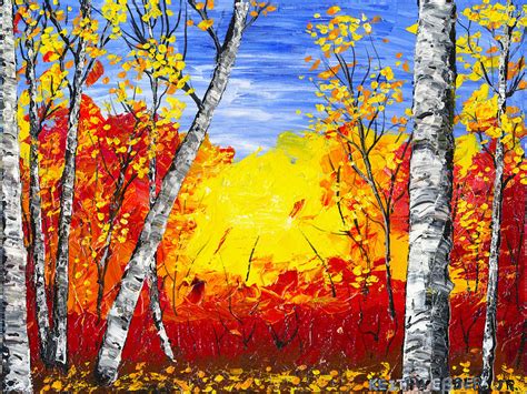 White Birch Tree Abstract Painting In Autumn Painting By