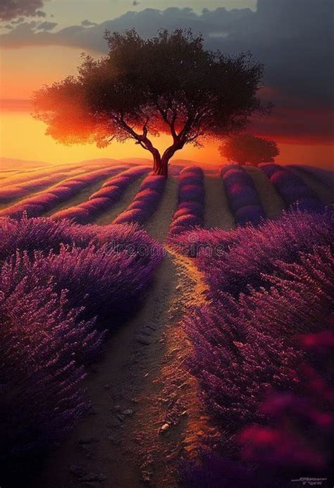 Landscape With Lavender Field At Sunset Ai Generated Stock Image
