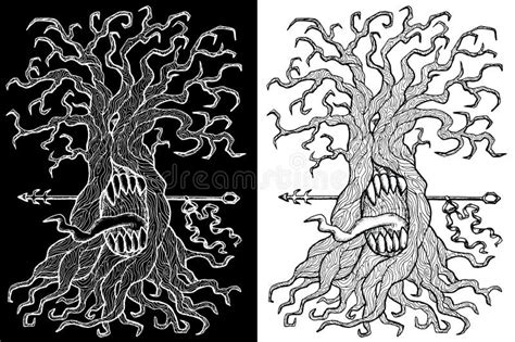 Black And White Mystic Fantasy Tree Line Art Vector Illustration Stock