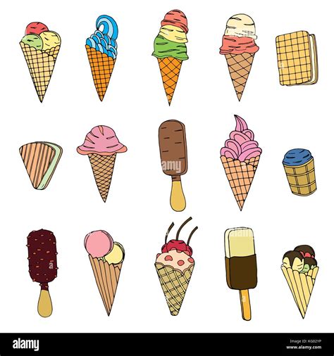 Collection Of Cute Vector Hand Drawn Cartoon Ice Cream Cones And Ice