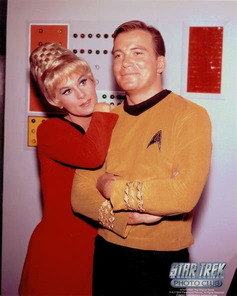 grace lee whitney as yeoman janice rand poses with william shatner as captain james t kirk star