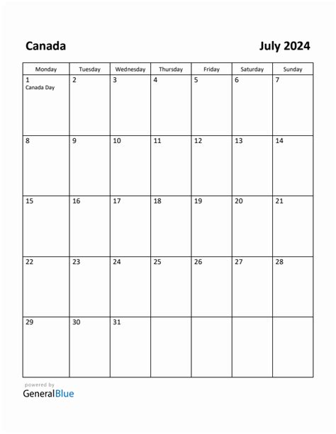 Free Printable July 2024 Calendar For Canada