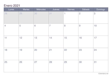 Enero febrero marzo abril mayo junio julio agosto septiembre octubre noviembre diciembre. Calendario enero 2021 para imprimir - iCalendario.net