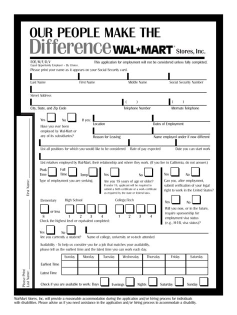 Printable Job Application For Walmart