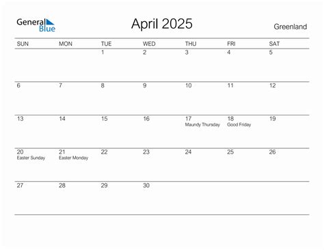 Printable April 2025 Monthly Calendar With Holidays For Greenland