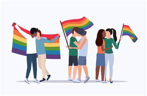 Premium Vector Same Sex Couples Holding Rainbow Flag Mix Race Lesbians Gays Kissing Love
