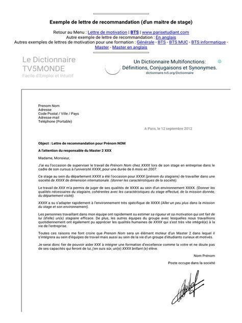 Exemple De Lettre De Recommandation Dun Maitre De Stage Motivation