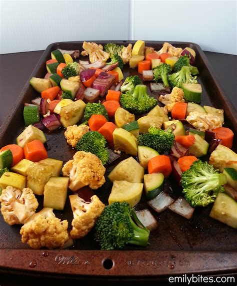 Coated with spices and oven baked, these are a great alternative to higher fat potato chips! Balsamic Roasted Vegetables - Emily Bites