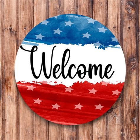Red White And Blue Welcome Wreath Sign Etsy