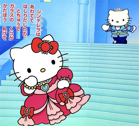 Hello Kitty Is Walking Down The Stairs In Her Pink Dress