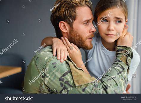 Masculine Military Man Hugging Her Crying Stock Photo 1880909218
