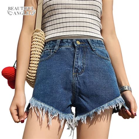 Bf Summer Wind Female Blue High Waist Denim Shorts Women Worn Loose Ripped Hole Fringe Jeans
