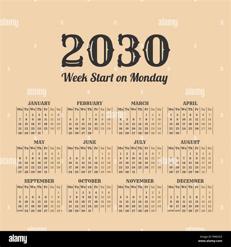 2030 Year Calendar In The Vintage Style On A Beige Background Stock