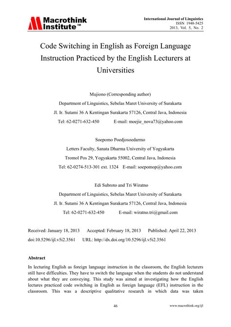 Pdf Code Switching In English As Foreign Language Instruction