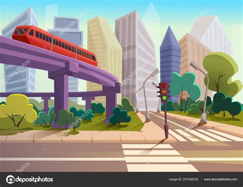 Vector Cartoon Modern City Panorama With Glass Skyscrapers And High Way