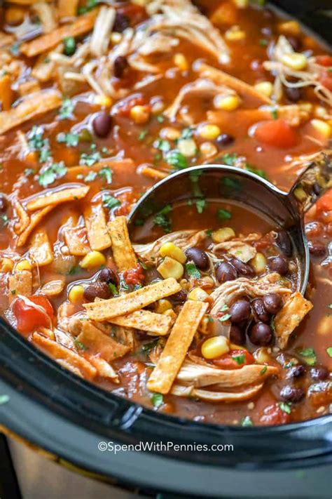 This easy and delicious healthy recipe for crock pot chicken tortilla soup with kale is amazing because it is packed with protein, fiber and full of delicious spices. Crock Pot Tortilla Soup - Spend With Pennies