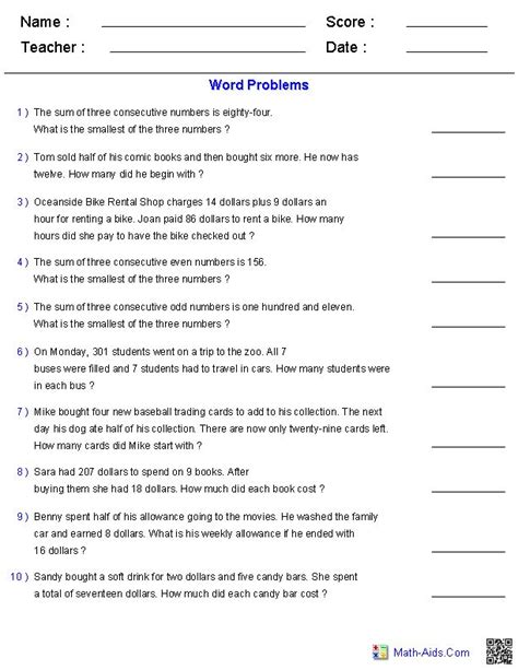 PreAlgebra Worksheets Equations Worksheets Word problems, Word