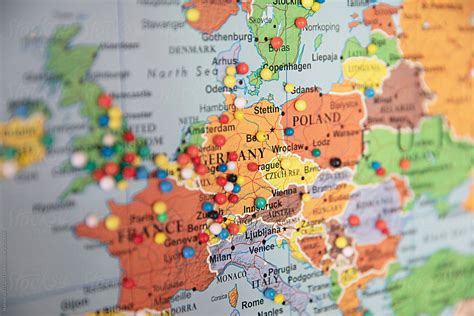Close Up Of Map Of Europe With Pins Showing Visitor Locations By