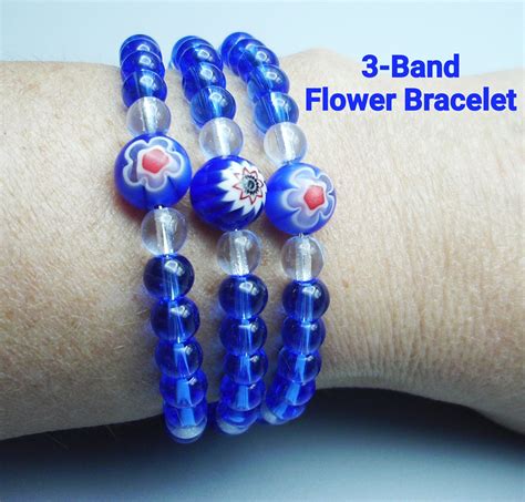 Blue And Clear 3 Band Bracelet With Glass Beads And Lampwork Bead