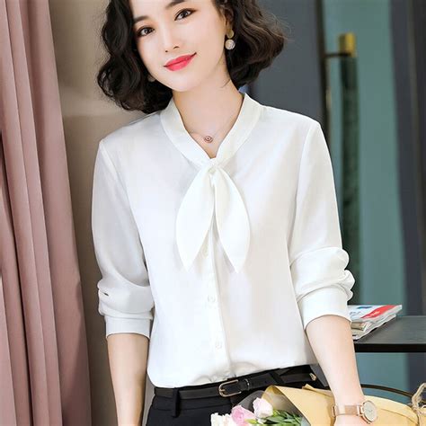 Women Spring Summer Style Chiffon Blouses Shirts Lady Casual Long Sleeve Bow Tie Decor Loose