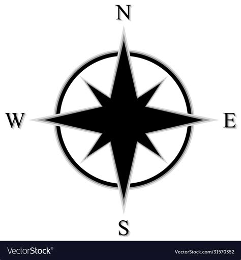 Black Flat Compass Rose With Shadow With Letters Vector Image