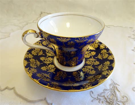 Vintage Aynsley Cobalt Blue Gold Floral Chintz English Fine Bone China Teacup And Saucer With