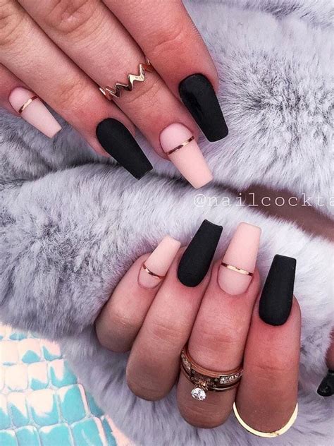Black Matte Acrylic Nails Black And Nude Nails Black Coffin Nails