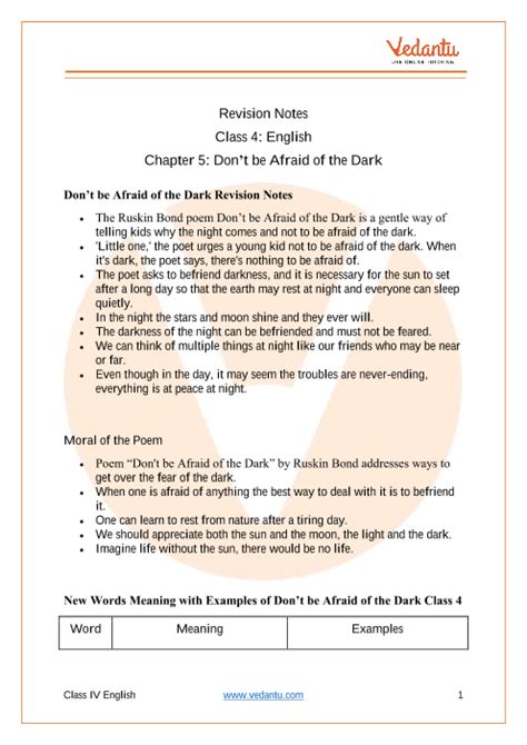 Dont Be Afraid Of The Dark Class 4 Notes Cbse English Poem Chapter 5 Pdf