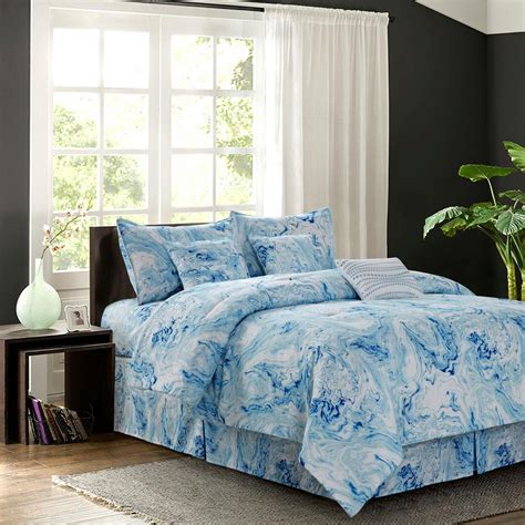 Watercolor Blue 7 Piece Full Comforter Set Bedding Reversible Bedspread