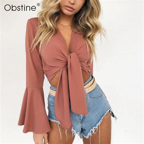 Obstine Sexy Deep V Neck Bow Tie Waist Bare Midriff T Shirt New Woman Flare Sleeve T Shirt Tight