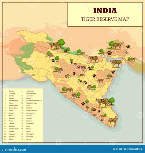 Tiger Reserve Map Of India Stock Vector Illustration Of Bengal 91455138