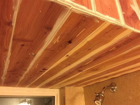 Wood plank ceiling shiplap ceiling wood planks bead board ceiling basement makeover how to hang a tongue and groove cedar plank ceiling over a popcorn ceiling. bathroom - Using Cedar Planks for shower ceiling - Home ...