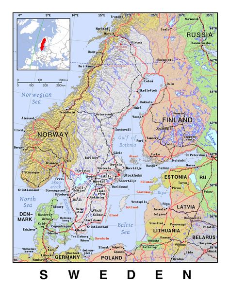 Detailed Political Map Of Sweden With Relief Sweden Europe