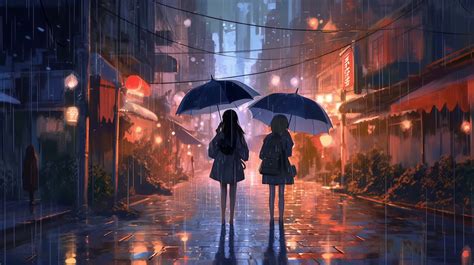 Walking Two Women Rain Umbrella Night Ai Art Street City Lights