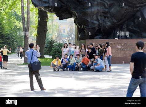 Almaty Kazakhstan Students Posing In Front Of The Russian World War 2